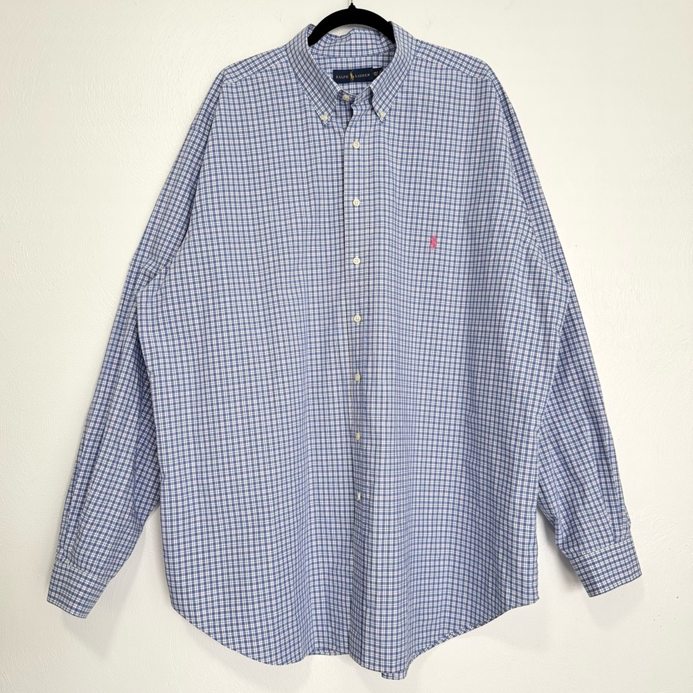 Ralph Lauren Shirt Men’s 2XLT Blue Plaid Button Down 100% Cotton‎ Preppy Office